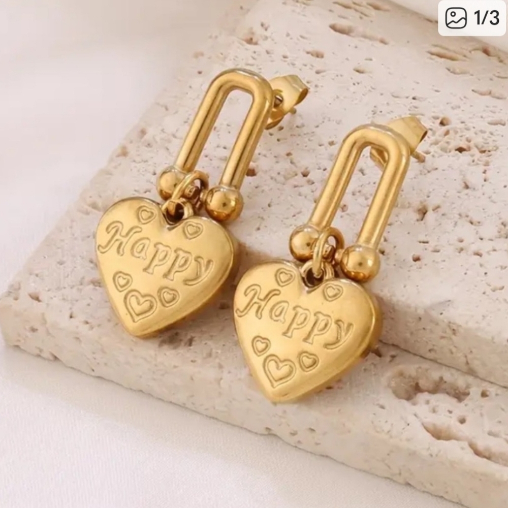 Beautiful Heart Pendant Earrings with "HOPPY" Engraving, Vintage Boho Style - Picture 3 of 4